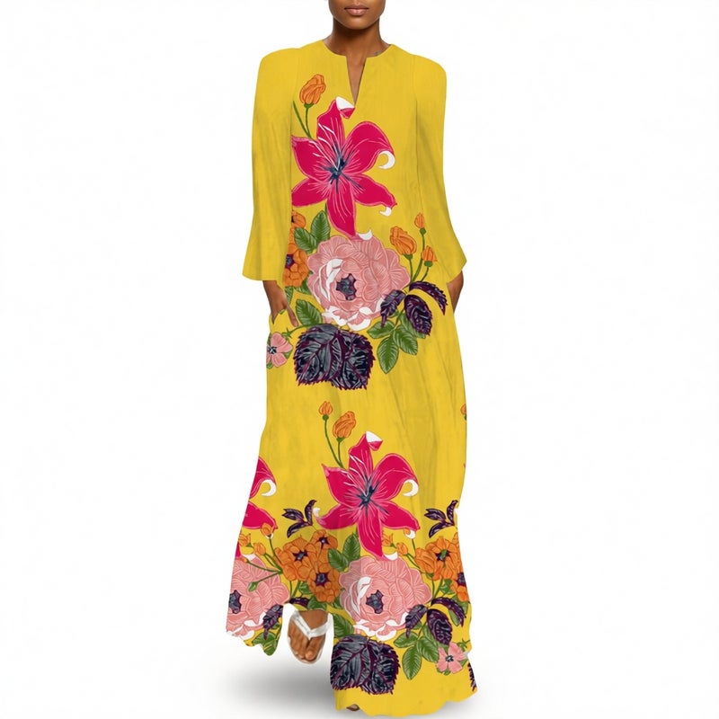 Women's V-Neck Long Sleeve Printed Loose Maxi Dress with Pockets - Image 1