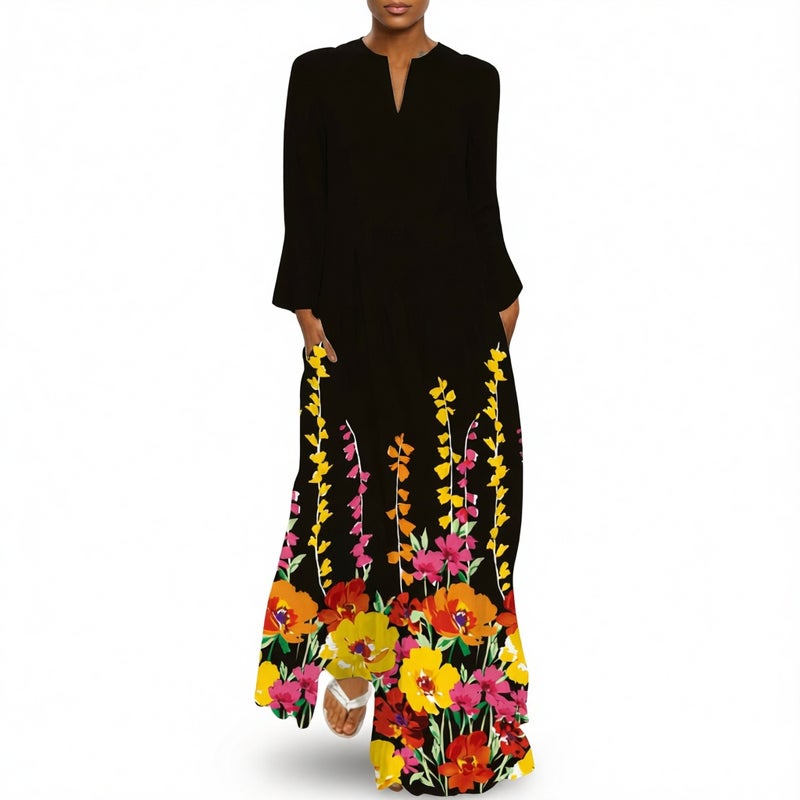 Women's V-Neck Long Sleeve Printed Loose Maxi Dress with Pockets - Image 3