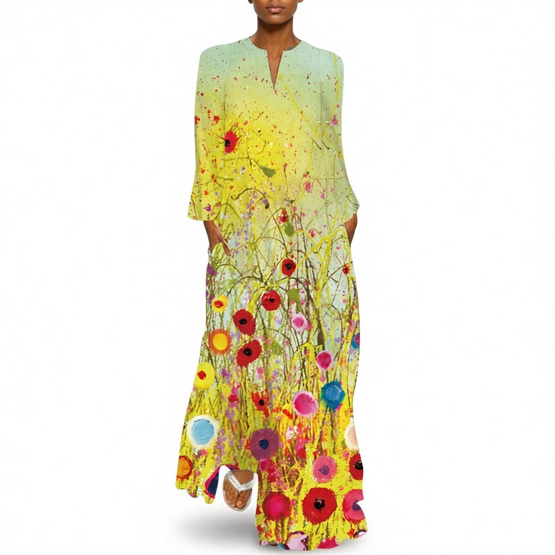 Women's V-Neck Long Sleeve Printed Loose Maxi Dress with Pockets - Image 2