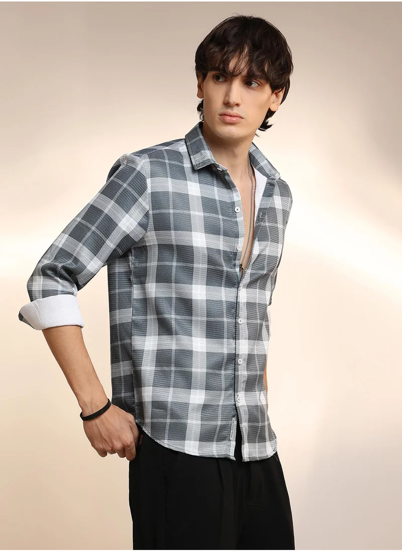 Campus Sutra Men's Slate Grey Tartan Plaid Shirt