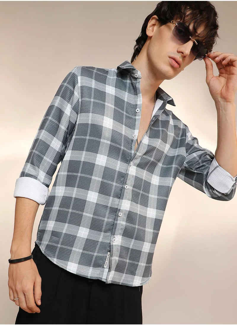 Campus Sutra Men's Slate Grey Tartan Plaid Shirt