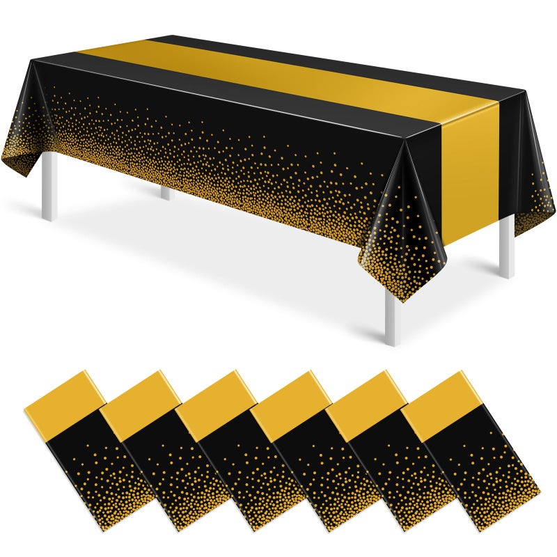 MASHAN 6Pcs Black and Gold Tablecloth Party Decorations Plastic Black Table Cloth Printed Gold Table Runner Disposable Rectangle Table Cover for Birthday Retirement Anniversary Graduation Party 54 x108 Inch - Image 1