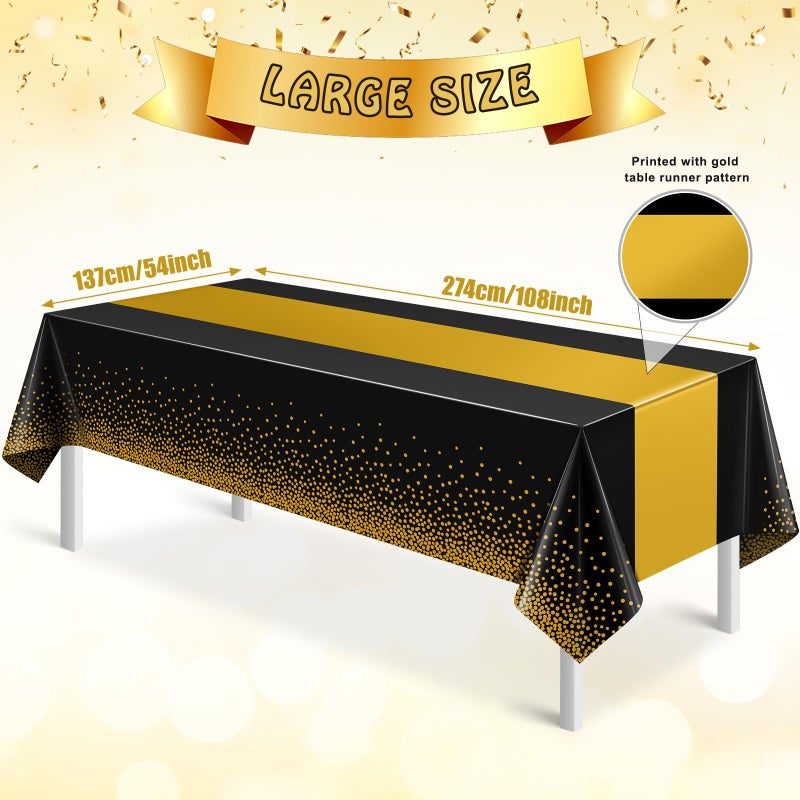 MASHAN 6Pcs Black and Gold Tablecloth Party Decorations Plastic Black Table Cloth Printed Gold Table Runner Disposable Rectangle Table Cover for Birthday Retirement Anniversary Graduation Party 54 x108 Inch - Image 2