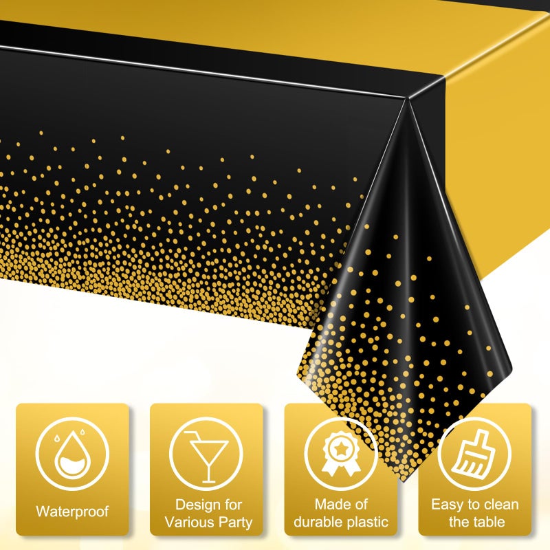 MASHAN 6Pcs Black and Gold Tablecloth Party Decorations Plastic Black Table Cloth Printed Gold Table Runner Disposable Rectangle Table Cover for Birthday Retirement Anniversary Graduation Party 54 x108 Inch - Image 3