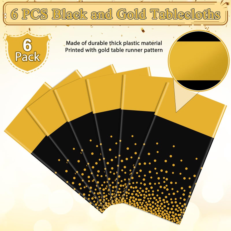 MASHAN 6Pcs Black and Gold Tablecloth Party Decorations Plastic Black Table Cloth Printed Gold Table Runner Disposable Rectangle Table Cover for Birthday Retirement Anniversary Graduation Party 54 x108 Inch - Image 4
