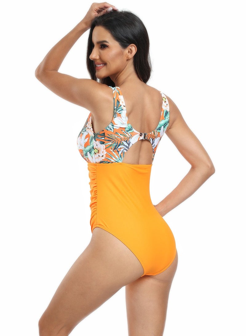 Women's Floral Printed One Piece Swimsuit Lace Stitching  Bathing Suits Orange Mix - Image 3
