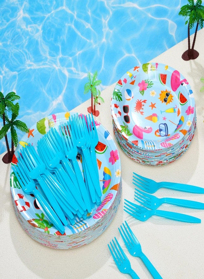Skybooly 180 Pcs Summer Pool Party Paper Plates and Forks Pool Party Supplies 9'' Disposable Plates 7'' Paper Snack Plates Plastic Forks for Kids Birthday Hawaiian Beach Party Decorations, Serves 60 - Image 4