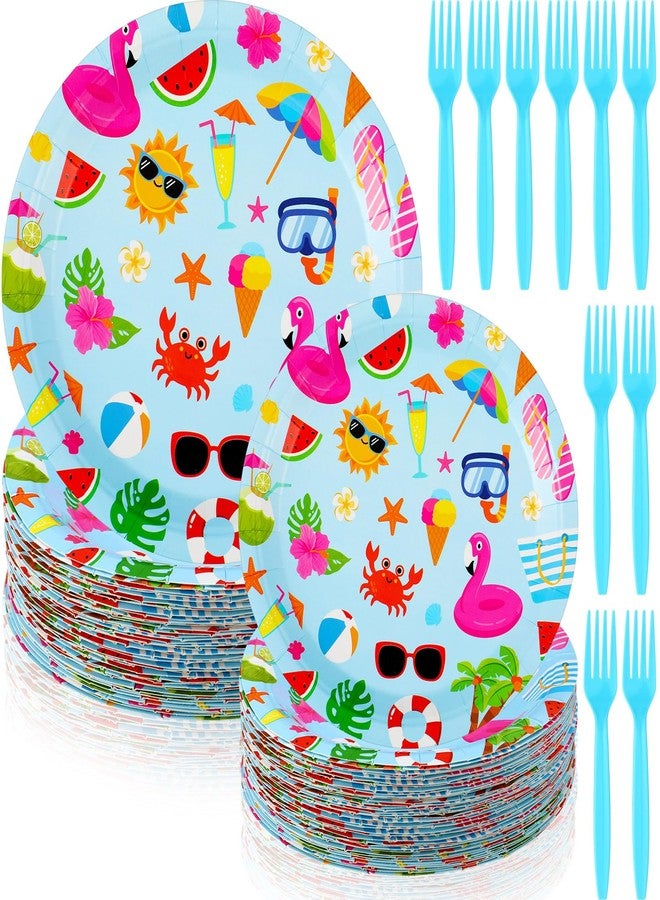 Skybooly 180 Pcs Summer Pool Party Paper Plates and Forks Pool Party Supplies 9'' Disposable Plates 7'' Paper Snack Plates Plastic Forks for Kids Birthday Hawaiian Beach Party Decorations, Serves 60 - Image 1