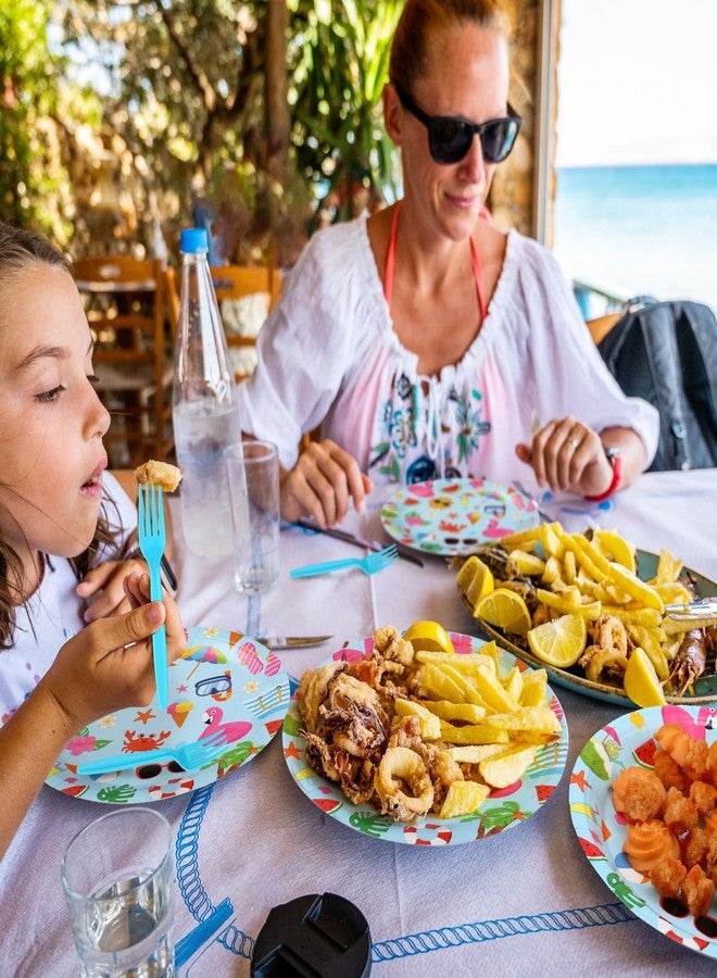 Skybooly 180 Pcs Summer Pool Party Paper Plates and Forks Pool Party Supplies 9'' Disposable Plates 7'' Paper Snack Plates Plastic Forks for Kids Birthday Hawaiian Beach Party Decorations, Serves 60 - Image 3