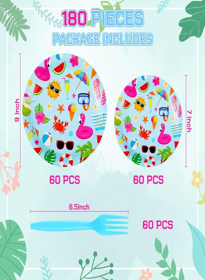 Skybooly 180 Pcs Summer Pool Party Paper Plates and Forks Pool Party Supplies 9'' Disposable Plates 7'' Paper Snack Plates Plastic Forks for Kids Birthday Hawaiian Beach Party Decorations, Serves 60 - Image 2