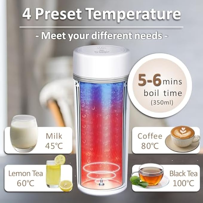 يمي غلاية كهربائية محمولة للسفر، غلاية ماء ساخن صغيرة للشاي، قهوة، حليب حليب 350 مل، سخان ماء صغير من الفولاذ المقاوم للصدأ مع 4 درجات حرارة قابلة للتعديل، أبق دافئا، أوتوماتيكي مغلق لرحلة المكتب، سيارة مكتب - Image 3