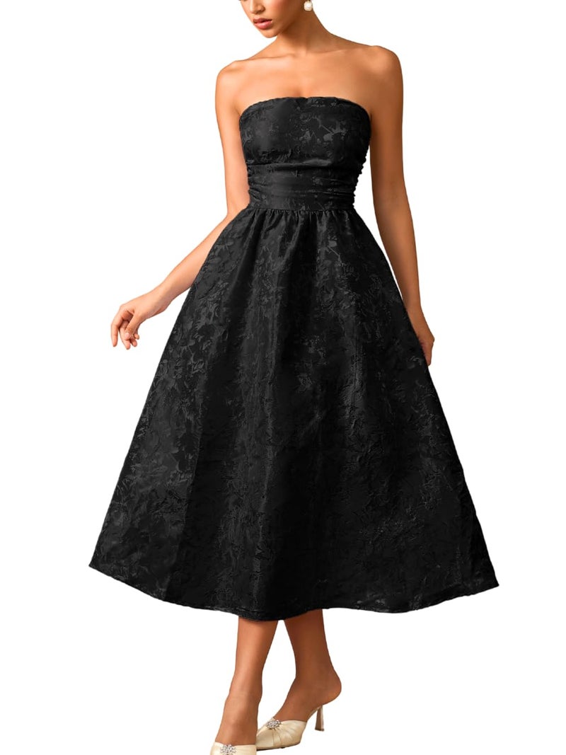ShawGobow Strapless Corset Dress,Jacquard Formal Midi Dresses for Women,Wedding Guest Cocktail Party Outfits Black Large - Image 1