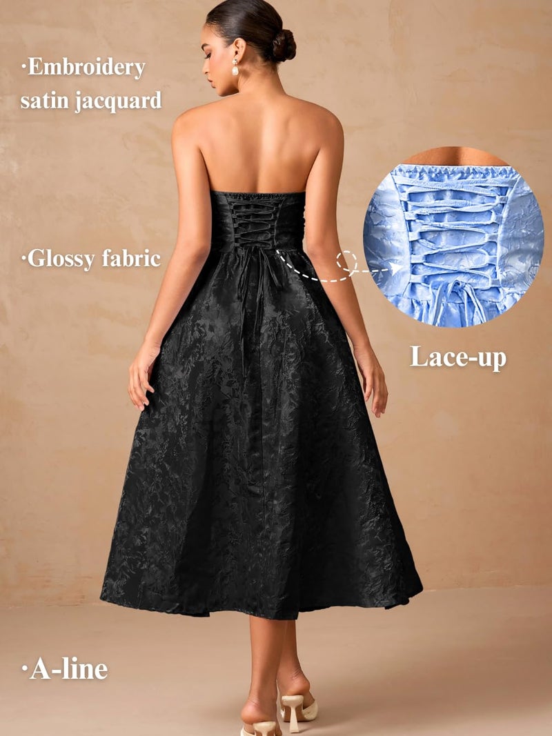 ShawGobow Strapless Corset Dress,Jacquard Formal Midi Dresses for Women,Wedding Guest Cocktail Party Outfits Black Large - Image 5