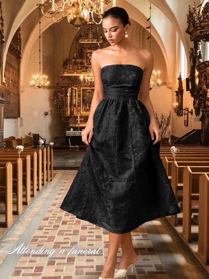 ShawGobow Strapless Corset Dress,Jacquard Formal Midi Dresses for Women,Wedding Guest Cocktail Party Outfits Black Large - Image 3
