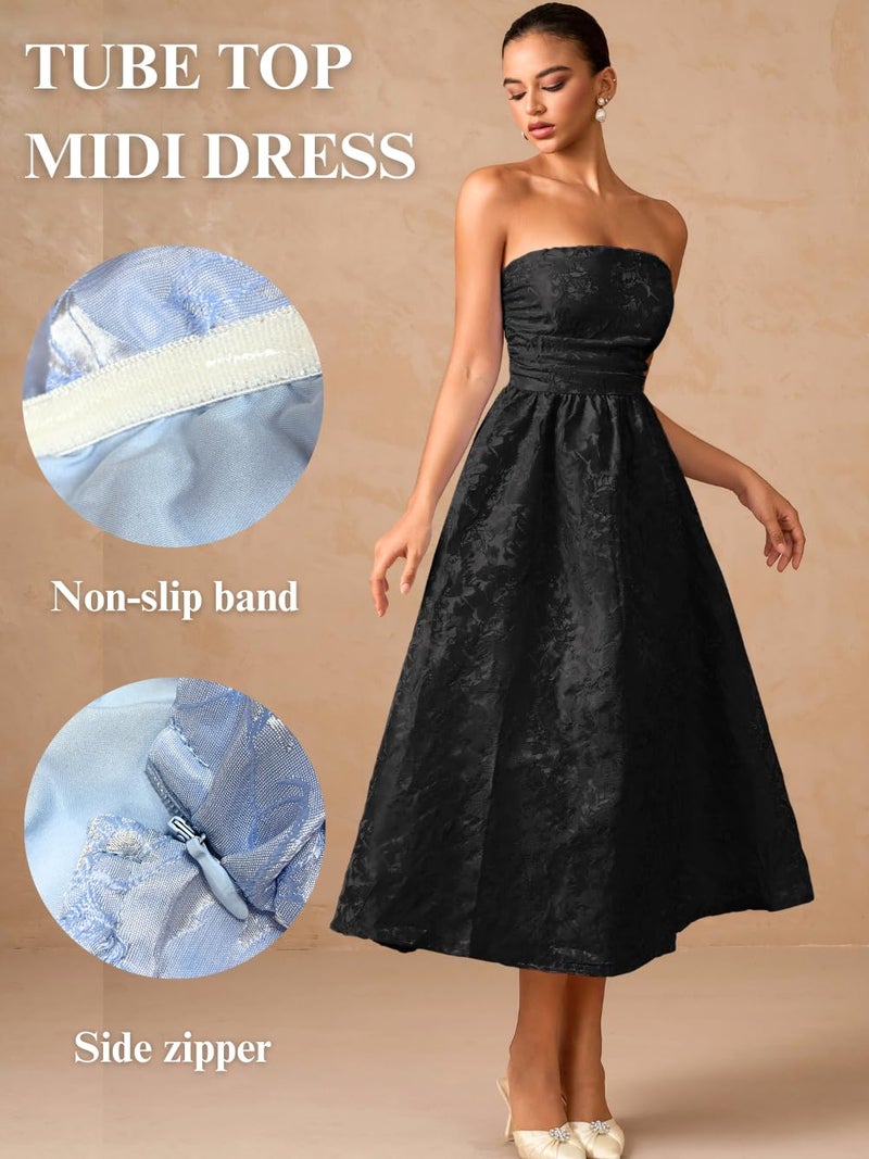 ShawGobow Strapless Corset Dress,Jacquard Formal Midi Dresses for Women,Wedding Guest Cocktail Party Outfits Black Large - Image 4