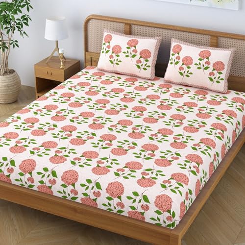 Colorish Cotton Blend King Size Double Bedsheet with 2 Pillow Covers | Jaipuri Floral Print - Soft Peach Bloom - Image 3