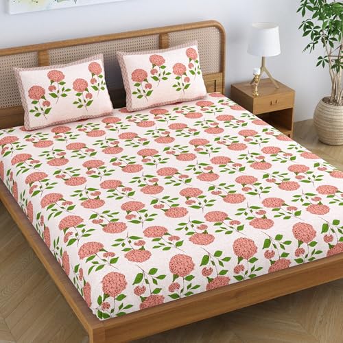 Colorish Cotton Blend King Size Double Bedsheet with 2 Pillow Covers | Jaipuri Floral Print - Soft Peach Bloom - Image 1