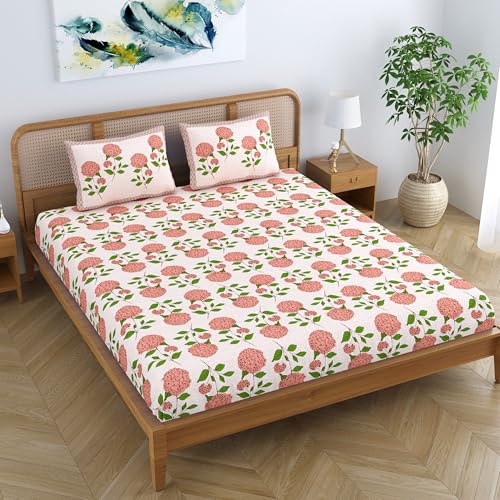 Colorish Cotton Blend King Size Double Bedsheet with 2 Pillow Covers | Jaipuri Floral Print - Soft Peach Bloom - Image 4