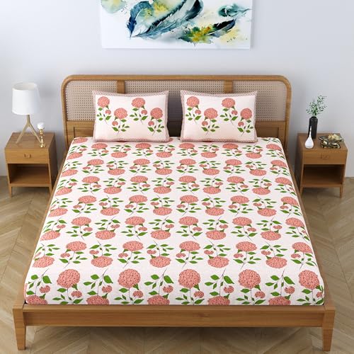 Colorish Cotton Blend King Size Double Bedsheet with 2 Pillow Covers | Jaipuri Floral Print - Soft Peach Bloom - Image 5