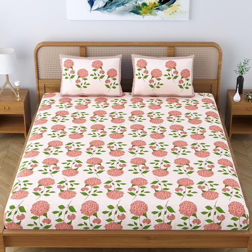Colorish Cotton Blend King Size Double Bedsheet with 2 Pillow Covers | Jaipuri Floral Print - Soft Peach Bloom - Image 2