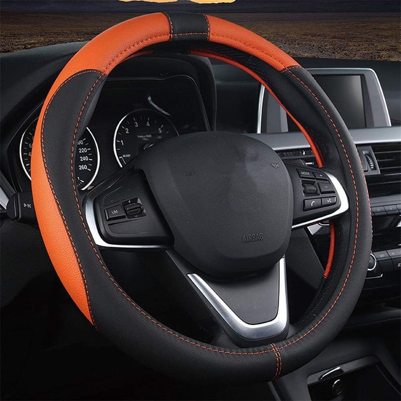 Coofig Durable PU Leather Steering Wheel Cover, Universal 15 Inch, Breathable and Non-Slip Car Steering Wheel Cover, Steering Wheel Cover for Men and Women (Black Orange) - Image 1