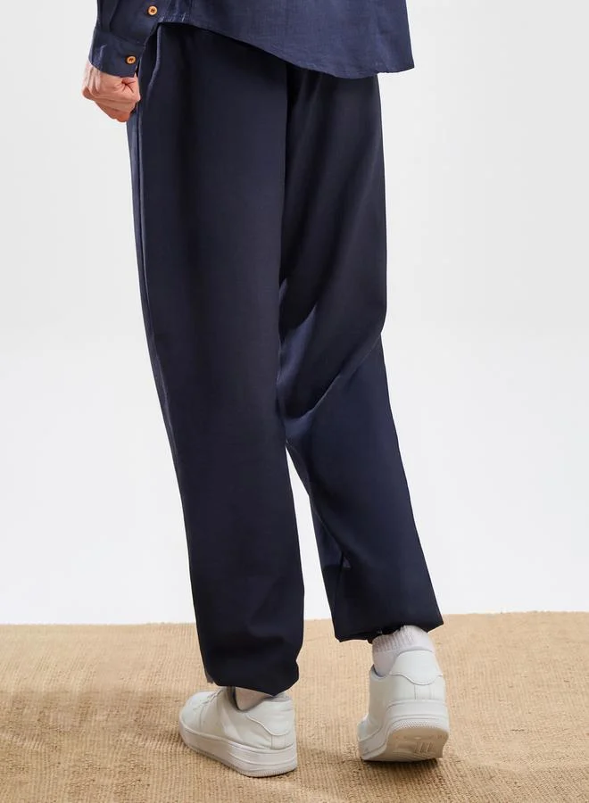 Styli Solid Linen Blend Balloon Fit Trousers with Turn-Up Detail