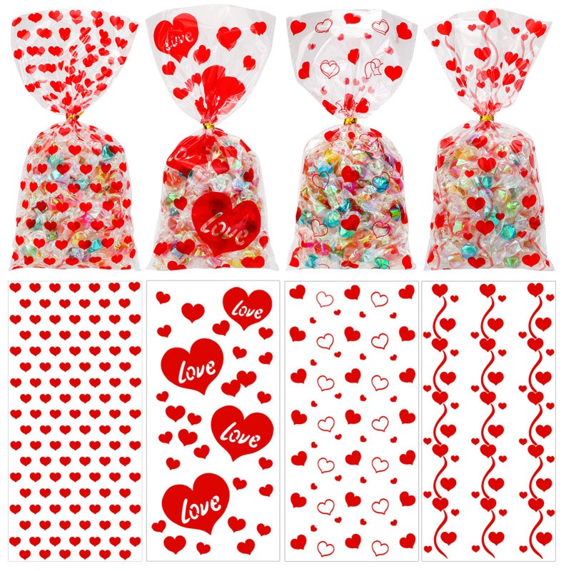 Konsait 100pcs Valentines Cellophane Bags, Clear Candy Cookie Treat Bags with Twist Ties for Bakery Biscuit Chocolate Snacks,Holiday Goody Bags, Valentines Party Favors Supplies - Image 2