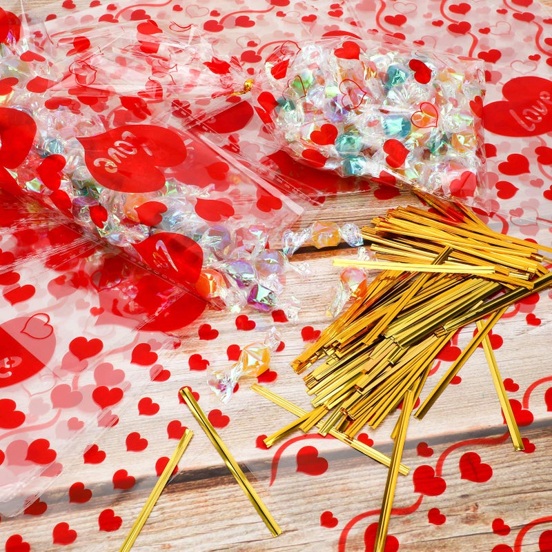 Konsait 100pcs Valentines Cellophane Bags, Clear Candy Cookie Treat Bags with Twist Ties for Bakery Biscuit Chocolate Snacks,Holiday Goody Bags, Valentines Party Favors Supplies - Image 4