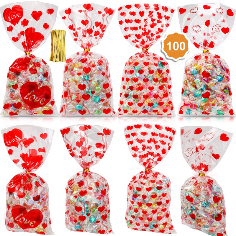 Konsait 100pcs Valentines Cellophane Bags, Clear Candy Cookie Treat Bags with Twist Ties for Bakery Biscuit Chocolate Snacks,Holiday Goody Bags, Valentines Party Favors Supplies - Image 1