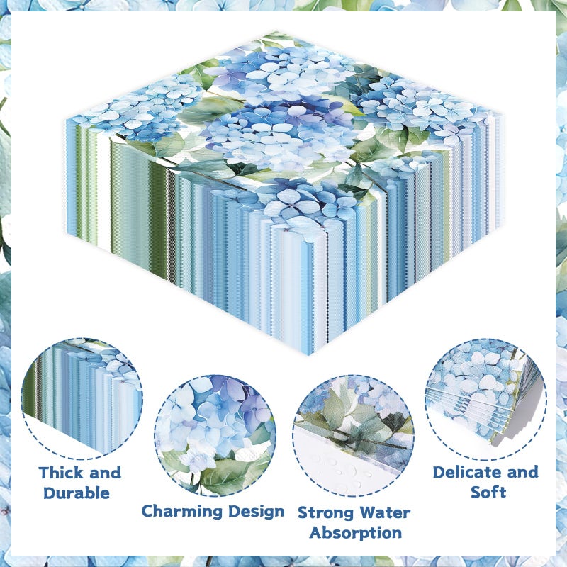 Grencian 100Pcs Hydrangea Cocktail Beverage Paper Napkins Watercolor Blue Floral Butterfly Disposable Absorbent Hand Towels Elegant Flower Guest Decoupage Napkins For Wedding Dinner Bathroom Kitchen Supplies - Image 2