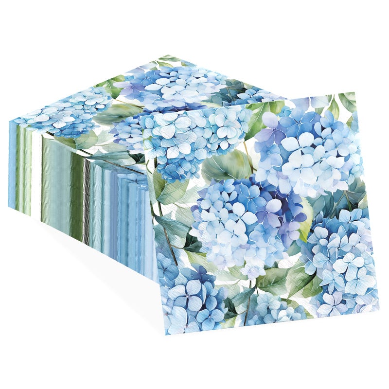 Grencian 100Pcs Hydrangea Cocktail Beverage Paper Napkins Watercolor Blue Floral Butterfly Disposable Absorbent Hand Towels Elegant Flower Guest Decoupage Napkins For Wedding Dinner Bathroom Kitchen Supplies - Image 1
