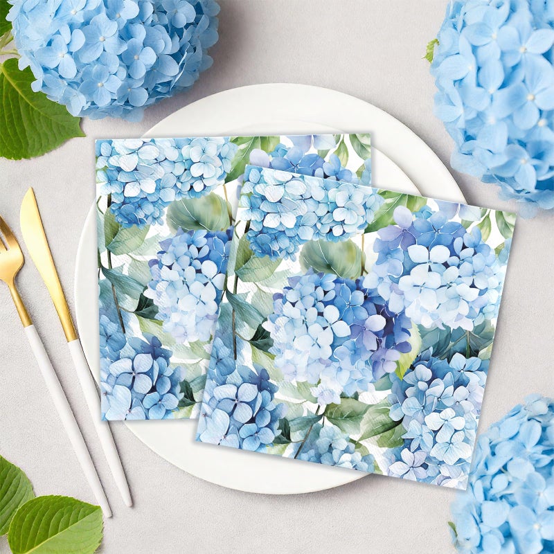 Grencian 100Pcs Hydrangea Cocktail Beverage Paper Napkins Watercolor Blue Floral Butterfly Disposable Absorbent Hand Towels Elegant Flower Guest Decoupage Napkins For Wedding Dinner Bathroom Kitchen Supplies - Image 5