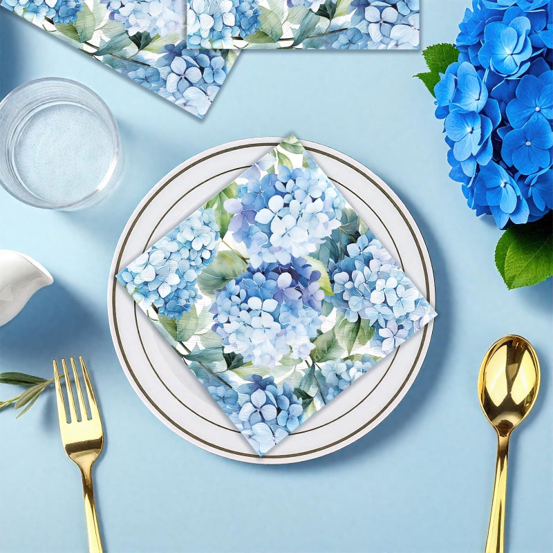 Grencian 100Pcs Hydrangea Cocktail Beverage Paper Napkins Watercolor Blue Floral Butterfly Disposable Absorbent Hand Towels Elegant Flower Guest Decoupage Napkins For Wedding Dinner Bathroom Kitchen Supplies - Image 4