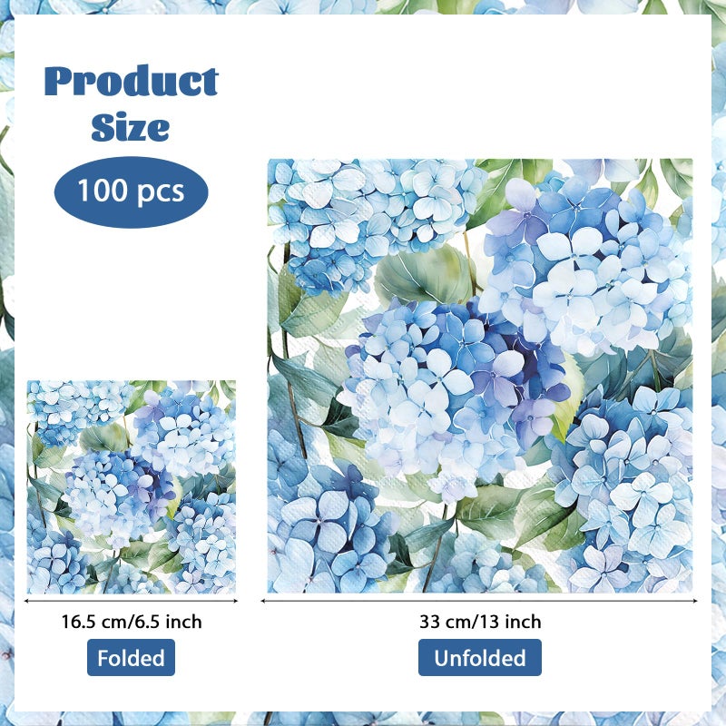 Grencian 100Pcs Hydrangea Cocktail Beverage Paper Napkins Watercolor Blue Floral Butterfly Disposable Absorbent Hand Towels Elegant Flower Guest Decoupage Napkins For Wedding Dinner Bathroom Kitchen Supplies - Image 3