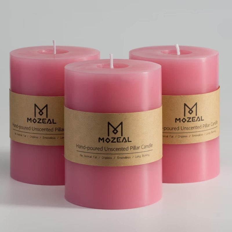 MOZEAL 3 x 4 HandPoured Unscented CandleDripless Pillar Candle Set of 3Long Clean BurningApprox 72 Hours Burn TimeRustic Country StyleWeddingDinnerChristmas and Home DecorPink