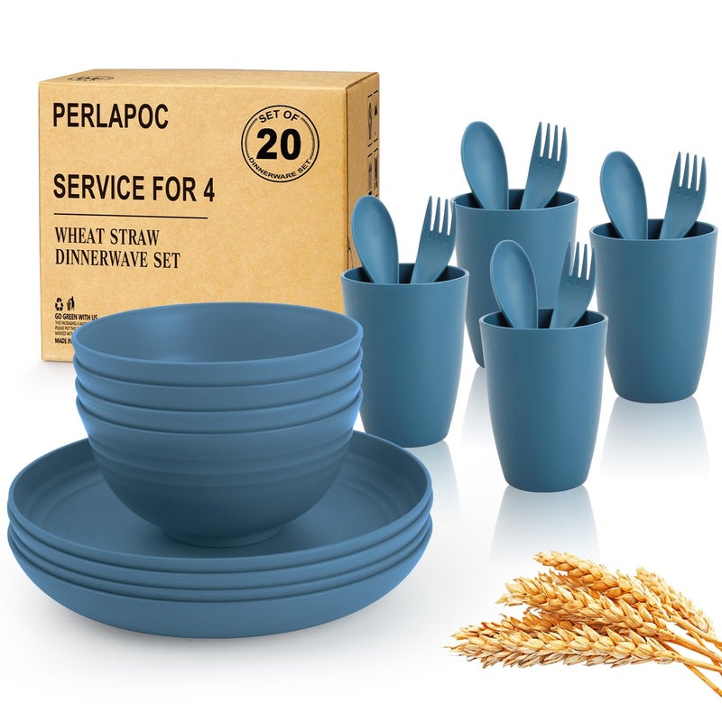 Perlapoc Wheat Straw Dinnerware Sets for 4 Reusable Plastic Dinner Plates Unbreakable Kids Plates and Bowls Sets 20 PCS Dishwasher Microwave Safe Kitchen Camping Dorm Dish Sets Blue