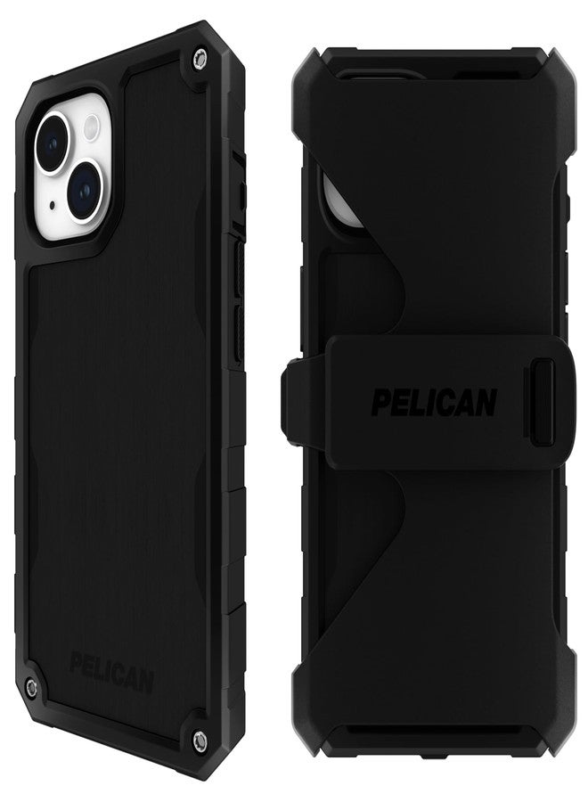 بيلكان جراب Pelican Shield من الألومنيوم المصقول - لهاتف iPhone 15 مقاس 6.1 بوصة [متوافق مع MagSafe] [حماية من السقوط من ارتفاع 21 قدمًا وفقًا للمعايير العسكرية] غطاء هاتف مزود بشحن مغناطيسي، وحافظة بمشبك حزام، وحامل قابل للطي - أسود - Image 1