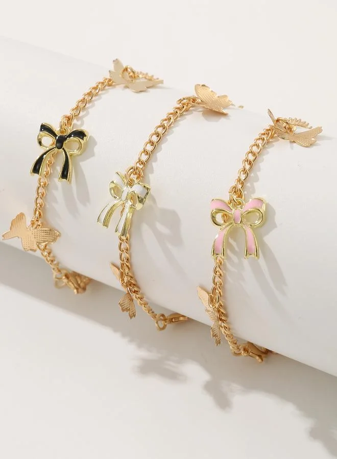 Take Two Pack of 3 - Girls Gold Tone Butterfly and Bow Charms Link Bracelet