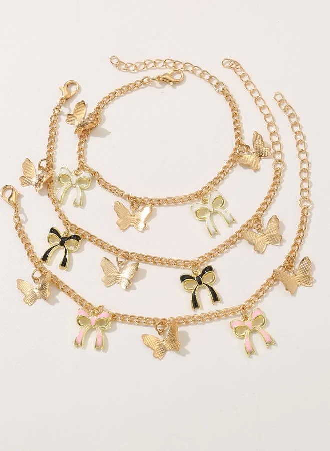 Take Two Pack of 3 - Girls Gold Tone Butterfly and Bow Charms Link Bracelet