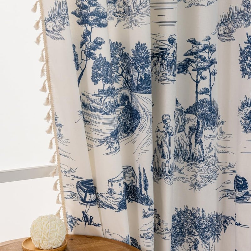 F-CHU Blue Patterned Curtains 63 Inches Long for Bedroom 2 Panels Semi Blackout Farmhouse Modern Pattern on Cream White Cotton Fabric Window Treatments Drapes for Bedroom 55" W x 63" L - Image 2