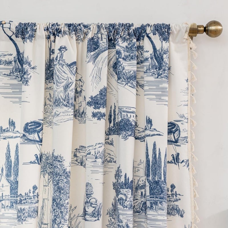 F-CHU Blue Patterned Curtains 63 Inches Long for Bedroom 2 Panels Semi Blackout Farmhouse Modern Pattern on Cream White Cotton Fabric Window Treatments Drapes for Bedroom 55" W x 63" L - Image 3