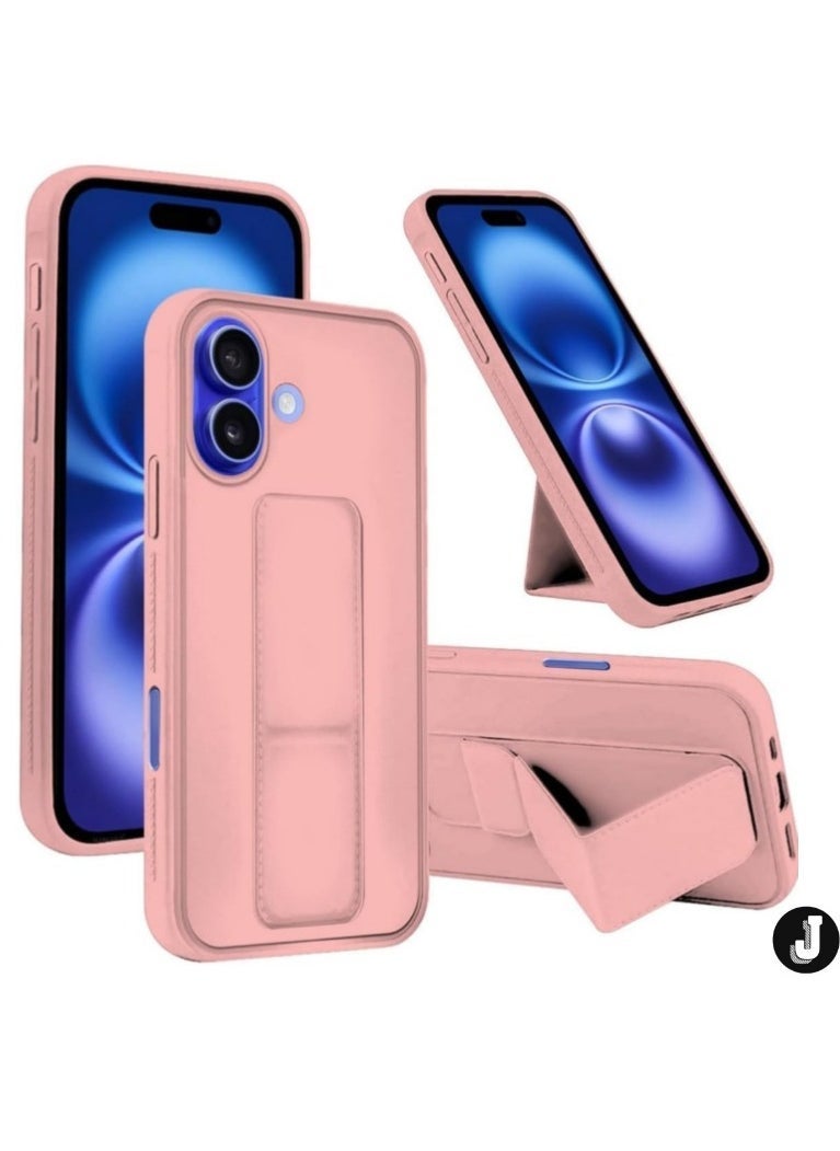 JAJEEK iPhone 16 Magnetic Car Mount Case – Pink Silicone Kickstand with Hand Strap & Multi-Stand Feature - Image 1