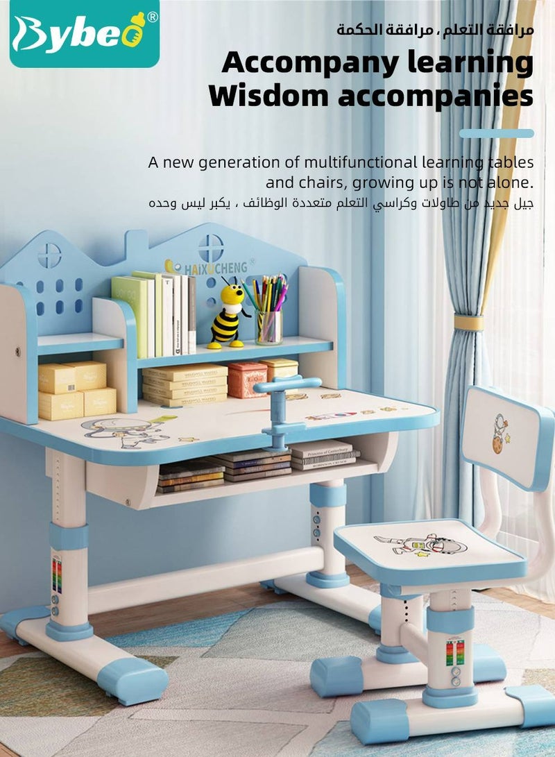SuperBaby Enlarged Kids Table and Chair Set, Multifunctional Children's Reading Study Activity Desk, Ergonomic Toddler Chairs, with Storage Drawer, Bookcase, Double Shelves, for School Student Writing Studying  - Image 2