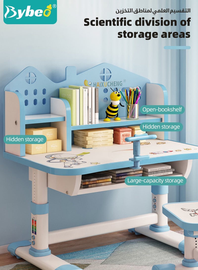 SuperBaby Enlarged Kids Table and Chair Set, Multifunctional Children's Reading Study Activity Desk, Ergonomic Toddler Chairs, with Storage Drawer, Bookcase, Double Shelves, for School Student Writing Studying  - Image 4
