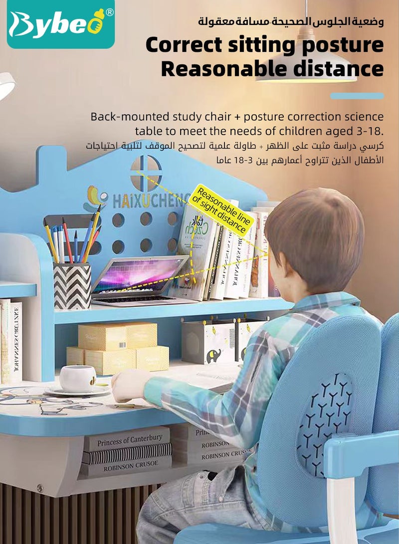 SuperBaby Enlarged Kids Table and Chair Set, Multifunctional Children's Reading Study Activity Desk, Ergonomic Toddler Chairs, with Storage Drawer, Bookcase, Double Shelves, for School Student Writing Studying  - Image 5