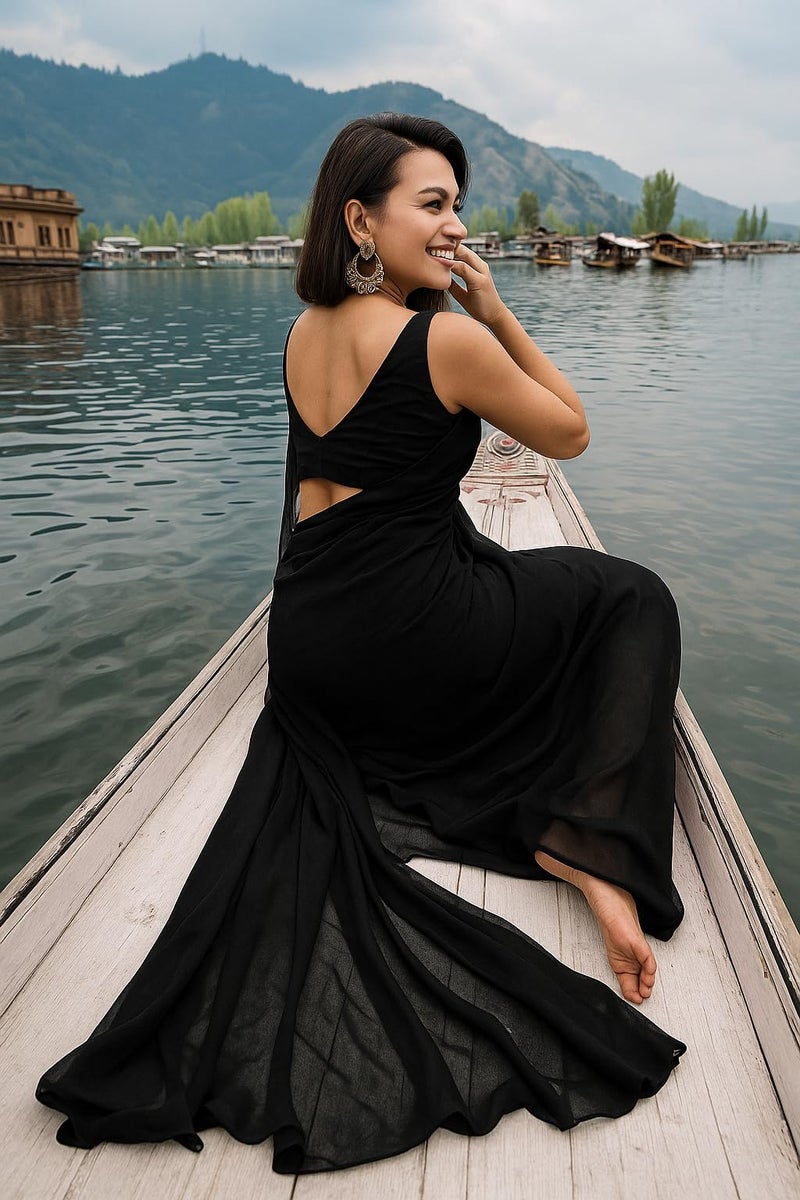 ANSHMJIMN Women's Plain Pure Georgette Saree With Unstitched Blouse Piece (Black) - Image 4