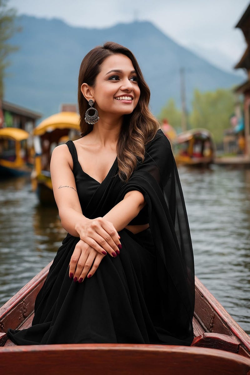ANSHMJIMN Women's Plain Pure Georgette Saree With Unstitched Blouse Piece (Black) - Image 2