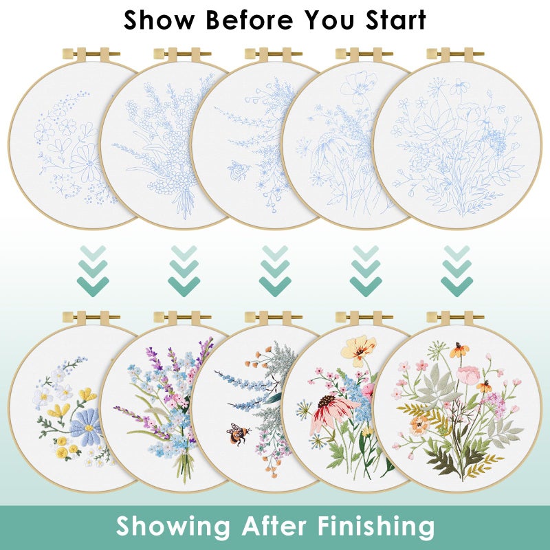 ERKOON Embroidery Kit for Beginners, 5 Sets Flower Cross Stitch Set for Adults Include Embroidery Cloth Hoops Threads for Craft Lover Hand Stitch with Skill Techniques (Flower) - Image 4
