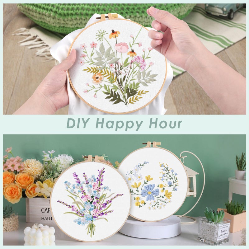 ERKOON Embroidery Kit for Beginners, 5 Sets Flower Cross Stitch Set for Adults Include Embroidery Cloth Hoops Threads for Craft Lover Hand Stitch with Skill Techniques (Flower) - Image 3