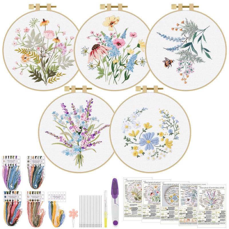 ERKOON Embroidery Kit for Beginners, 5 Sets Flower Cross Stitch Set for Adults Include Embroidery Cloth Hoops Threads for Craft Lover Hand Stitch with Skill Techniques (Flower) - Image 1